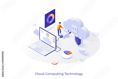 Conceptual template with person putting plug connected to laptop computer into socket. Scene for cloud computing service, secure files download and upload. Modern isometric vector illustration.