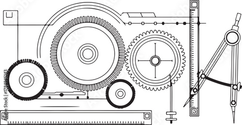 Mechanical gears and drafting tools illustration cogs