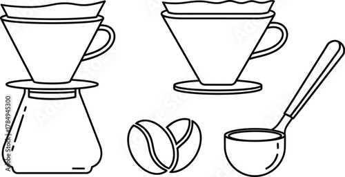 Coffee brewing simple line art set. Vector pictograms of pour-over cone, filter, coffee bean, scoop, thin contour illustration.