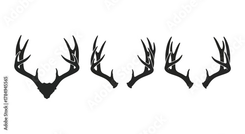 a row of black deer antlers silhouetted against white background