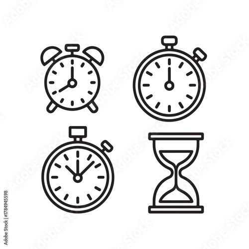 Classic Timekeeping Devices Icon Bundle, Line Illustration, Universal Clock and Stopwatch Symbols Design, vector illustration EPS 10.