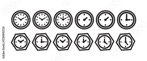 Simple Black Line Clock Symbols, Classic & Modern Time Icons, Clock Symbols, vector illustration EPS 10.