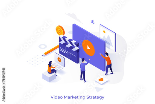Video Marketing Strategy isometric conceptual template. Planning online campaign activity. Promotional agency service website design. 3d creative vector illustration for application development