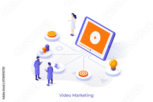 Video Marketing explanation isometric conceptual template. Study effective promotional channel. Advertising tool for website design. 3d creative vector illustration for web page development