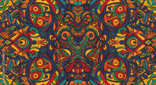 Vibrant abstract pattern with retro bohemian style and colorful folk art feel