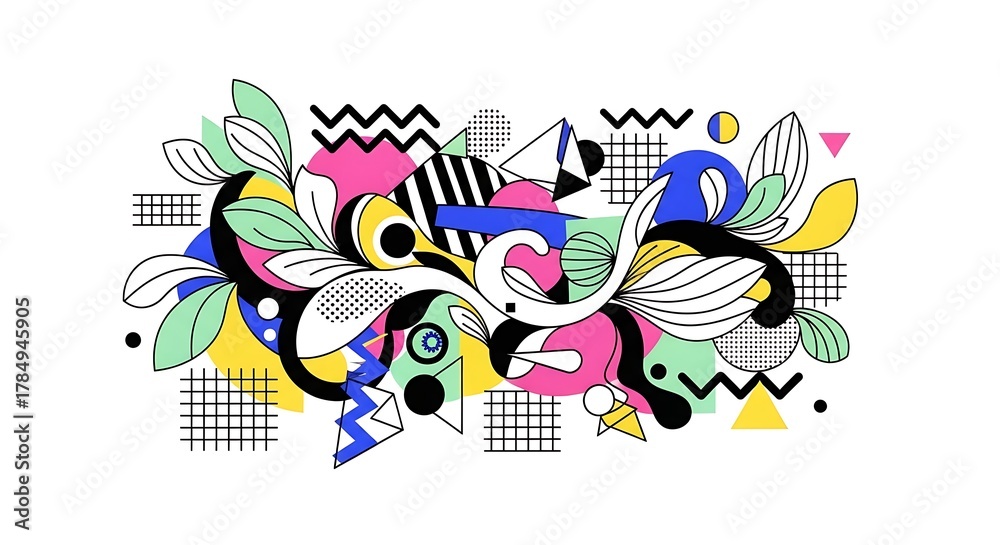 Fototapeta premium Abstract colorful graphic design with geometric shapes and organic elements