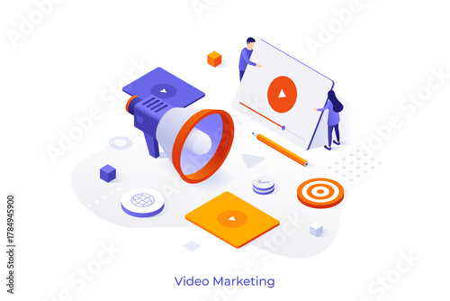 Video Marketing for business isometric conceptual template. Creating content to engage audience on internet. Promotional agency website. 3d creative vector illustration for web page development