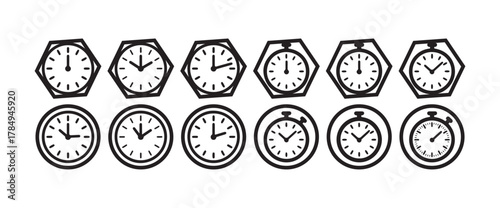 Time Management Icon Set, Vector Line Style, Clean Black-and-White Clock Icons for Apps & Web Design, vector illustration EPS 10.