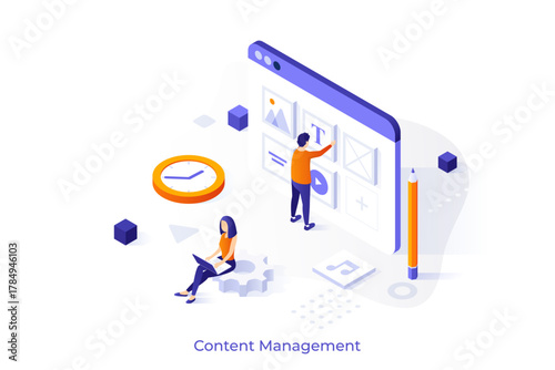 Content Management isometric conceptual template. Filling website with useful information to engage customers vector design. Digital marketing. 3d colorful illustration for web page development