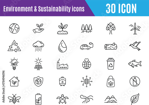 Set of 30 outline icons related to environment and Sustainability. Thin line editable stroke icons for recycling, plant, nature, eco, earth, green energy, trees, and more, Editable stroke...