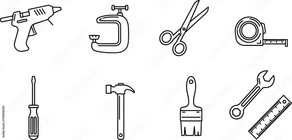 Obraz premium DIY and creation simple line set. Vector pictograms of glue gun, small clamp, thin linear illustration.