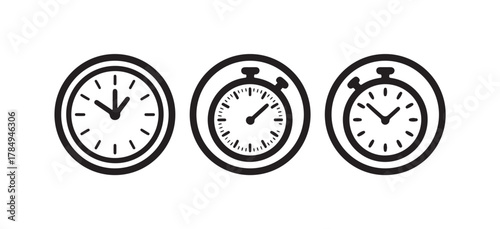 Time Management Icon Set, Vector Line Style, Clean Black-and-White Clock Icons for Apps & Web Design, vector illustration EPS 10.