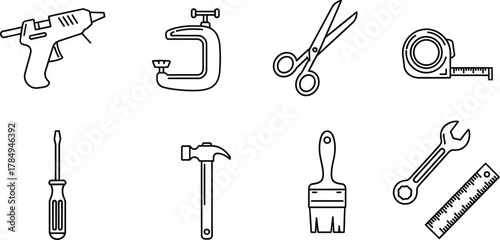 DIY and creation simple line set. Vector pictograms of glue gun, small clamp, thin linear illustration.