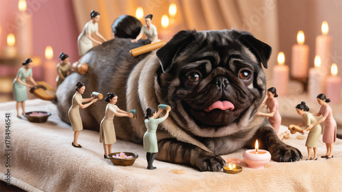Pug receives spa treatment from tiny attendants massage