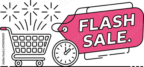 Flash Sale Discount Promotion Banner with Shopping Cart and Clock Vector Illustration