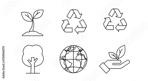 Environmental Conservation Icon Set: A comprehensive collection of simplified icons, celebrating environmental stewardship, sustainability, and ecological responsibility.