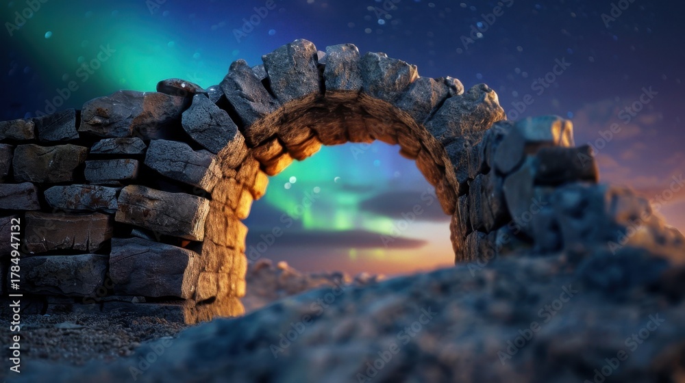 Fototapeta premium Ancient Stone Arch Against Colorful Northern Lights in Starry Night Sky