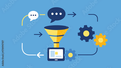 Abstract illustration of automated marketing workflow  email icons, chatbot bubbles, funnel shapes, gears connecting different digital tools, clean vector.