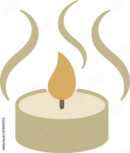 Lit candle vector graphic with a warm burning flame and wavy lines symbolizing scent or air