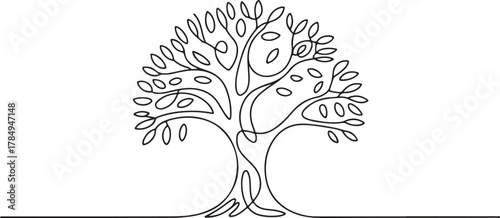 Single line drawing of a stylized tree with leaves