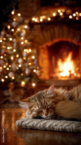 Warm fireplace and decorated Christmas tree with a sleeping cat in the foreground