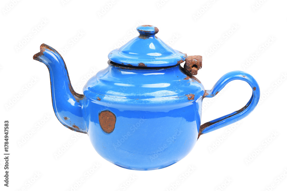 Fototapeta premium Bright blue vintage teapot isolated on white background.