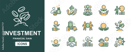 Financial investment icon line set. Income growth management investor asset stock, profit gain, share, fund, cashflow, return, trading strategy signs vector illustration