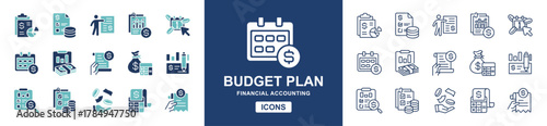 Business accounting budget management icon line set. Financial money budget plan, target, profit, evaluation, report, analysis, balance, invoice document signs vector illustration