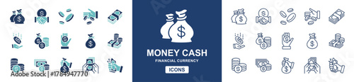 Money dollar cash icon line set. Financial bank savings, dollar bag, wealth, earning, profit, cash, coin stack, payment, income signs vector illustration