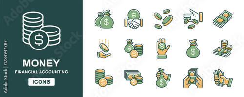 Simple money dollar icon set. Hand holding financial cash billfold, earning, income, bank savings, coin stack, investment, payment, wealth signs vector illustration