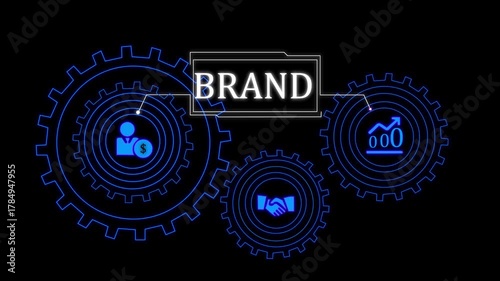 Digital concept of brand building with interconnected gears and business icons on a dark blue background. technology 4K video.