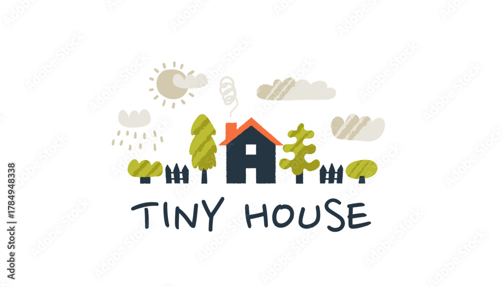 Fototapeta premium Cute tiny house on old scandinavian village street with doodle trees.