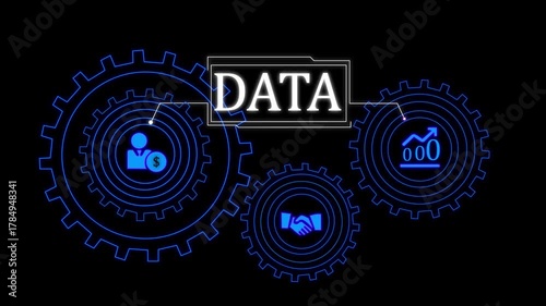 Digital concept of data analysis with interconnected gears and business icons on a dark blue background. And 4k video animation .