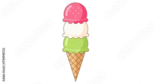 Cute Cartoon Style Three Scoop Ice Cream Cone Dessert Illustration
