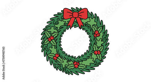 Line Art Festive Christmas Wreath Decoration with Holly Berries and Bow