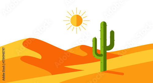Minimalist Flat Style Desert Landscape with Cactus and Sunlight Illustration
