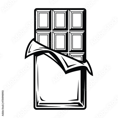 Hand drawn sketch of a delicious chocolate bar partially unwrapped from its wrapper