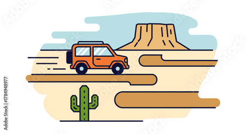 Minimalist Outline Off Road Car Desert Landscape Illustration Graphic Design