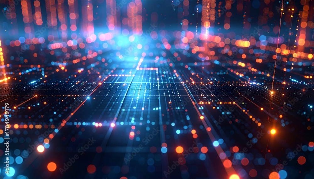 Obraz premium スチールの冷たい質感にホログラフィックなデータグリッドが重なり、 光のパルスが規則的に流れる近未来的なテックイメージ。 金属の反射と青や紫の光が織りなすシネマティックな雰囲気。