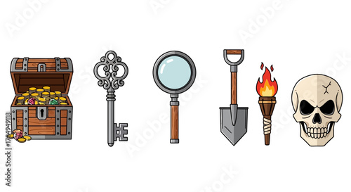 Line art Treasure Hunter Elements Isolated with Chest Key Magnifier Torch and Skull