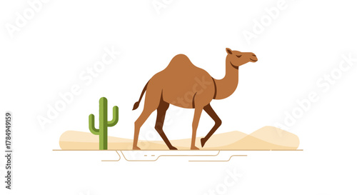Minimalist Illustration of a Camel Walking Through a Desert Landscape