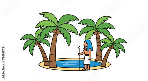 Cartoon Style Ancient Egyptian Oasis Scene with Palm Trees and Pharaoh
