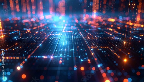 スチールの冷たい質感にホログラフィックなデータグリッドが重なり、
光のパルスが規則的に流れる近未来的なテックイメージ。
金属の反射と青や紫の光が織りなすシネマティックな雰囲気。