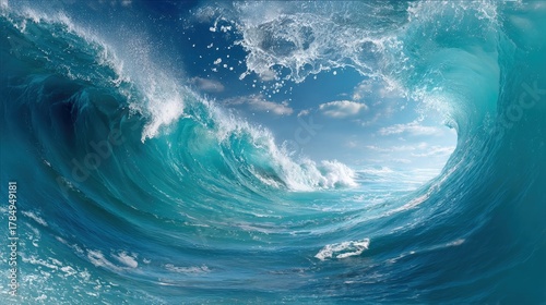 Fototapeta Naklejka Na Ścianę i Meble -  Captivating turquoise ocean wave forming an empty frame with majestic water and sky