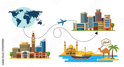 Flat Illustration World Travel Route and Landmarks Destination Concept Design