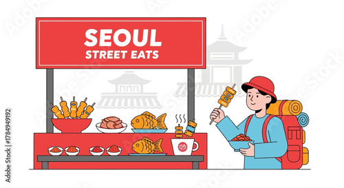 Flat Illustration of a Man Enjoying Seoul Street Eats Food Stall