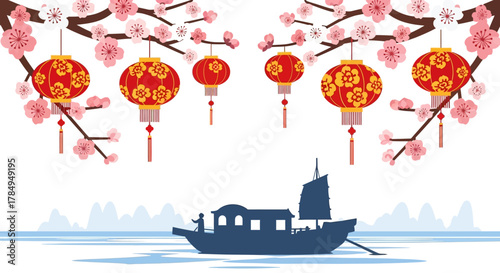 Flat Graphic Vietnamese New Year Celebration with Lantern and Boat on River