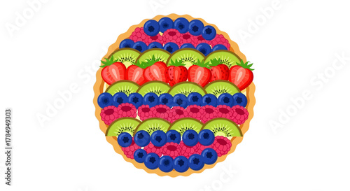 Flat Illustration Fruit Tart with Strawberries, Kiwi, Blueberries, and Raspberries Sweet