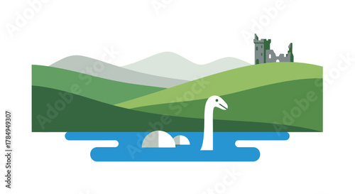 Flat Design Loch Ness Monster Illustration with Scottish Landscape Elements