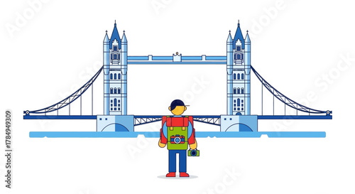 Modern Flat Design Tower Bridge Tourist Illustration with Backpack and Camera